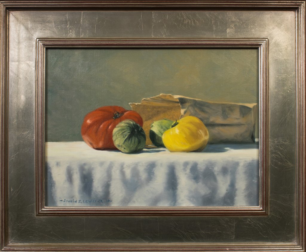 Donald S. Lewis, Jr. - Still Life with Paper Bag, Tomatillos, and Tomatoes - Oil on Canvas - 12x16 - Framed